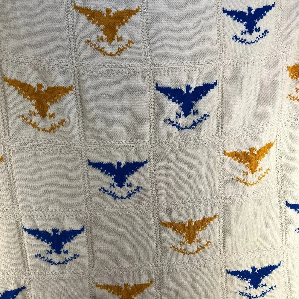 Vintage Handmade Ivory Crochet Blanket Eagle Emblem Motif Throw